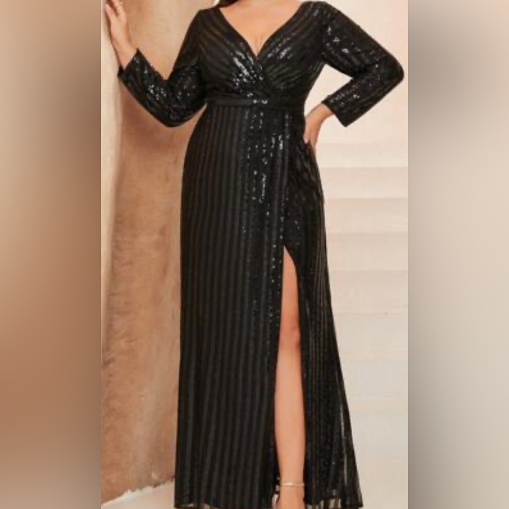 Black Pleated Gown with Bishop Sleeves